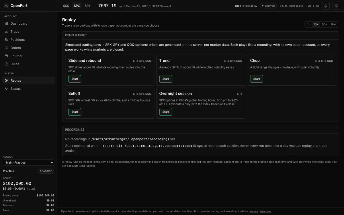 The demo market’s five simulated days, then SPX and QQQ options trading a simulated day at 120 times real time.
